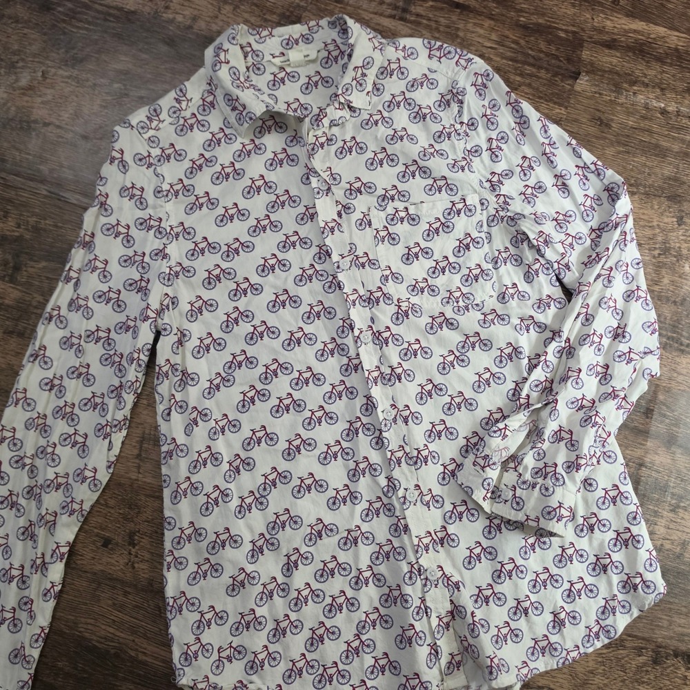 BEACHLUNCHLOUNGE Button Down Shirt Womens Small White Bicycle Print Long Sleeve